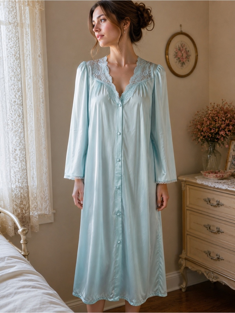 Vintage Aqua Blue Vassarette Nylon Robe Peignoir Womens Medium Lace Long Sleeve